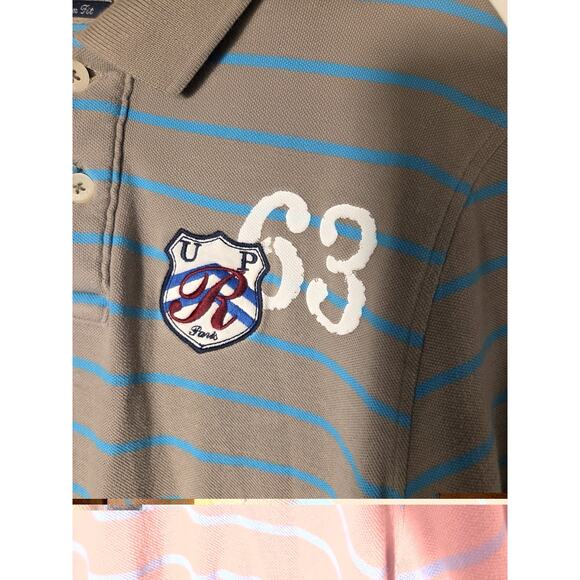 Renoma Mens Polo UPR 63 Striped Short Sleeve Slim Fit Tan Blue Paris Size L - Picture 3 of 7